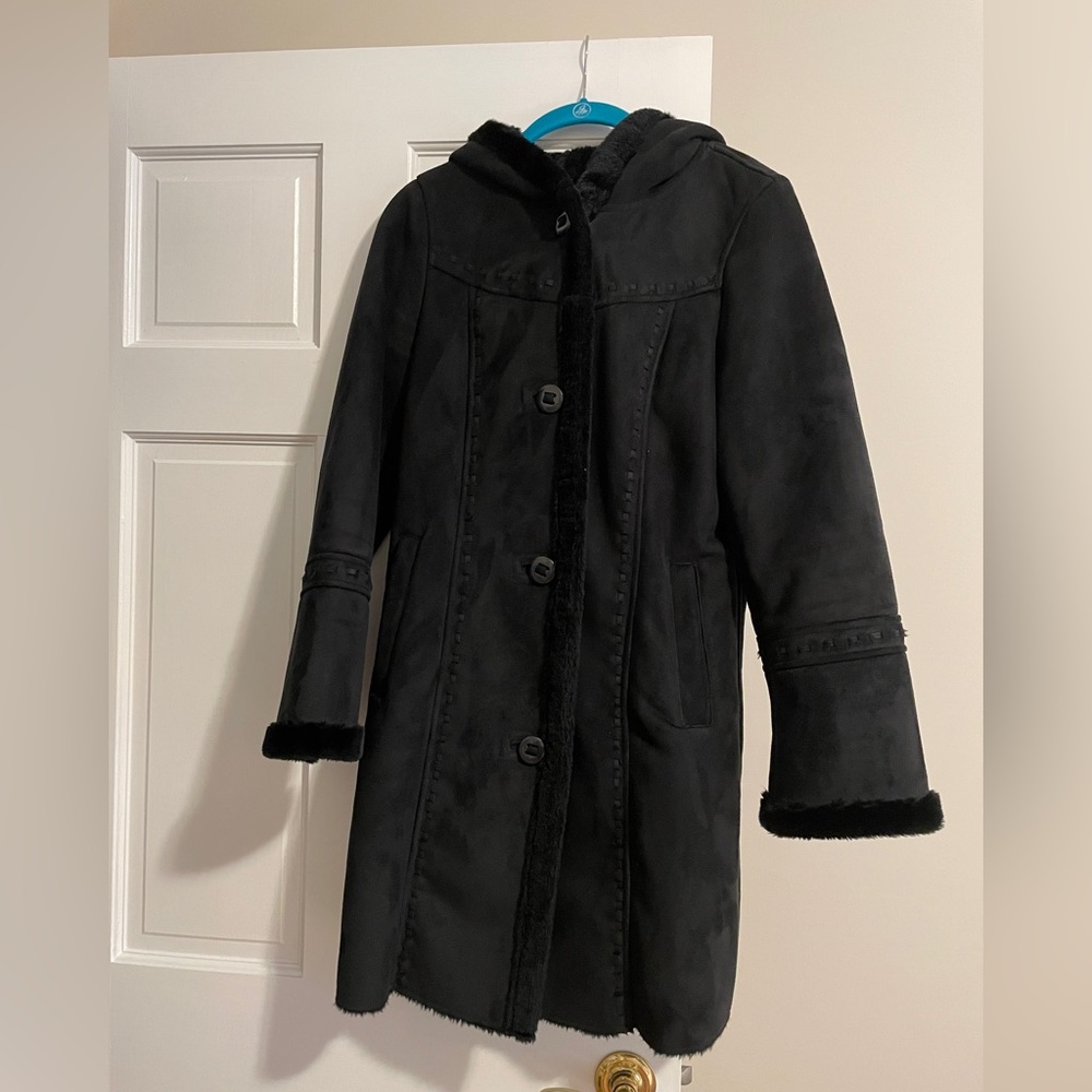 Hillary Radley New York Suede Black Hooded Coat with Faux Fur Trim